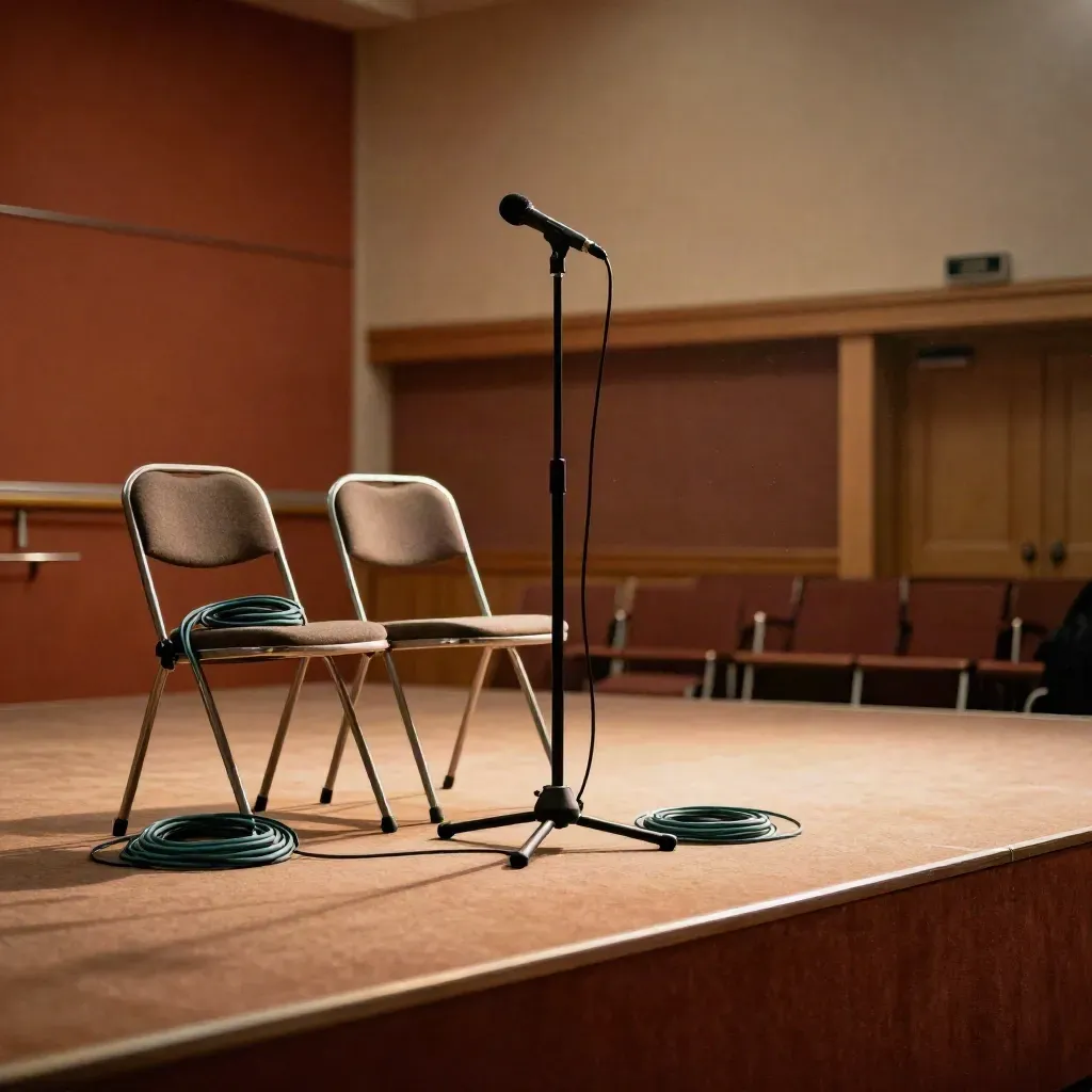 Empty convention stage with a mic stand, folding chairs, and warm light across cable loops.
