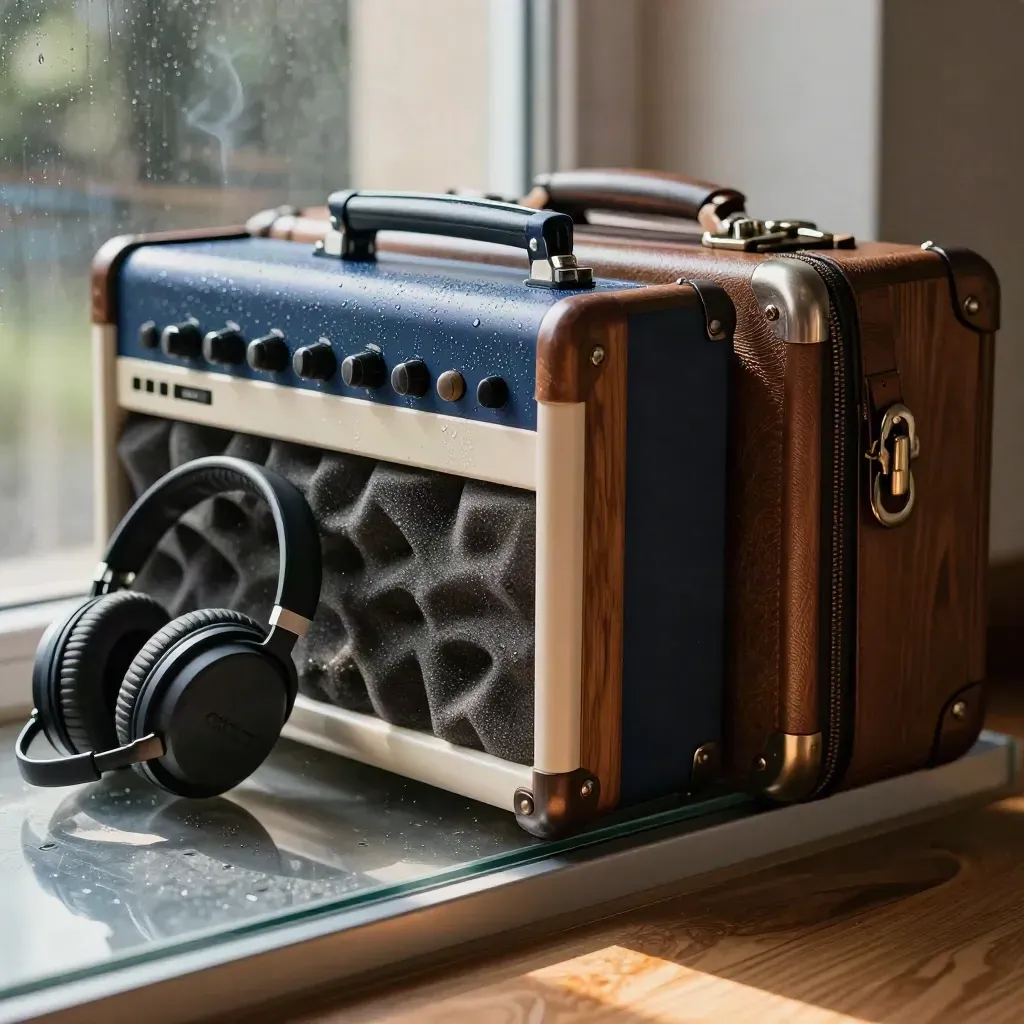 Rain-misted guest mic kit, headphones case, and suitcase by a glass wall