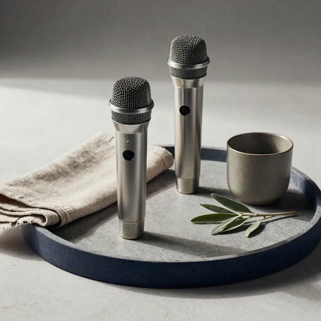 Two tabletop mics with linen, cup, and sprig on a stone tray in soft light.