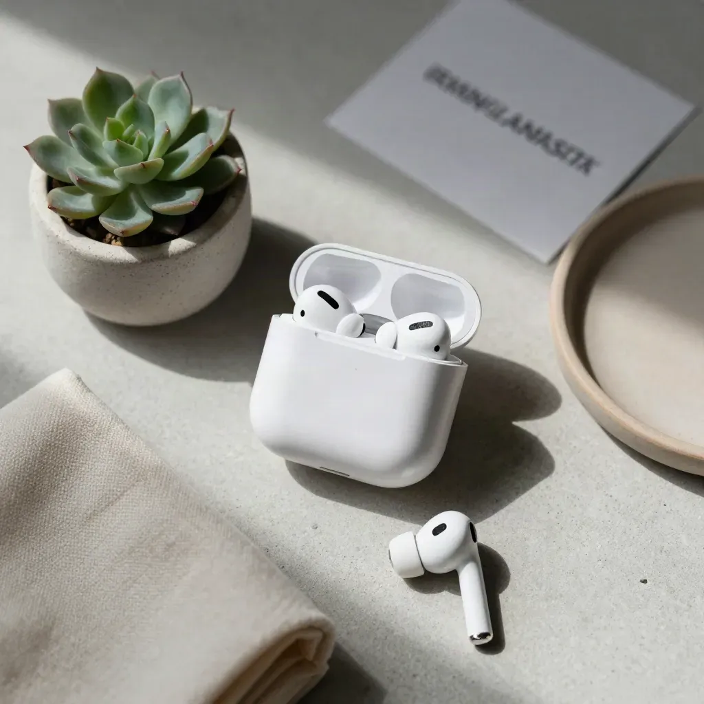 Top-down flatlay of wireless earbuds case with succulent, cloth, and ceramic dish.